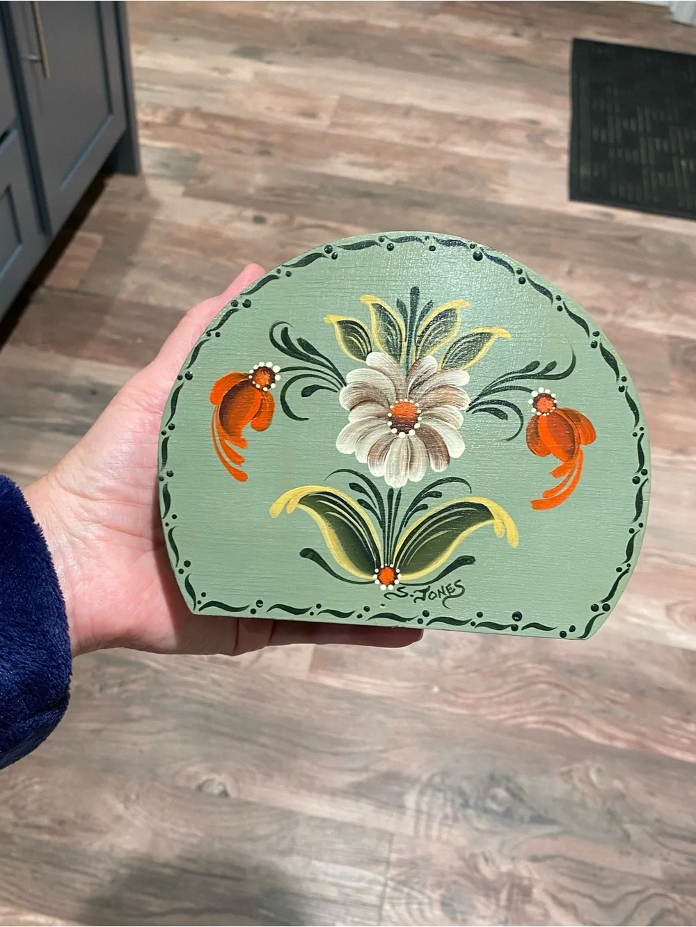 Hand-Painted Folk Art Green Floral Napkin Holder by S. Jones